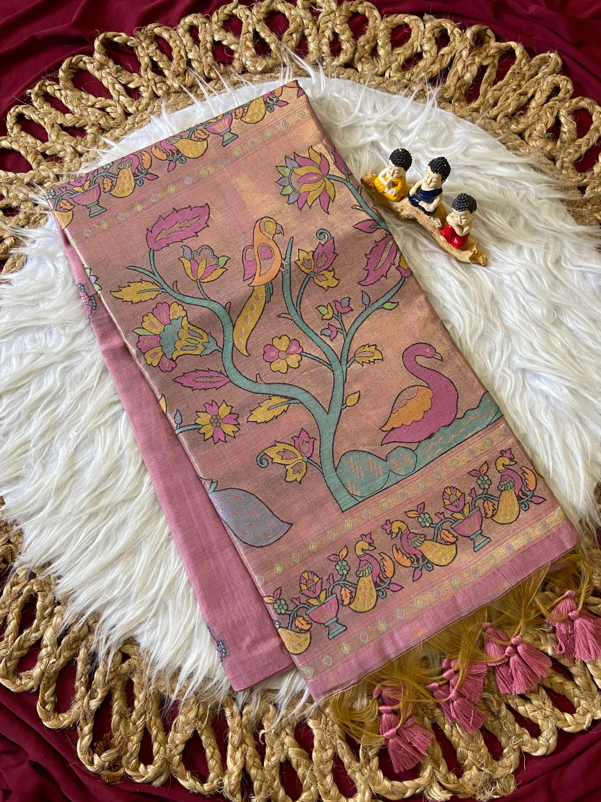 Aavya - Dusty Rose Pink Soft Muga Cotton Paithani Saree