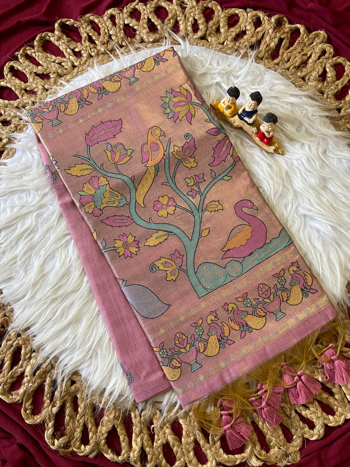 Aavya - Dusty Rose Pink Soft Muga Cotton Paithani Saree