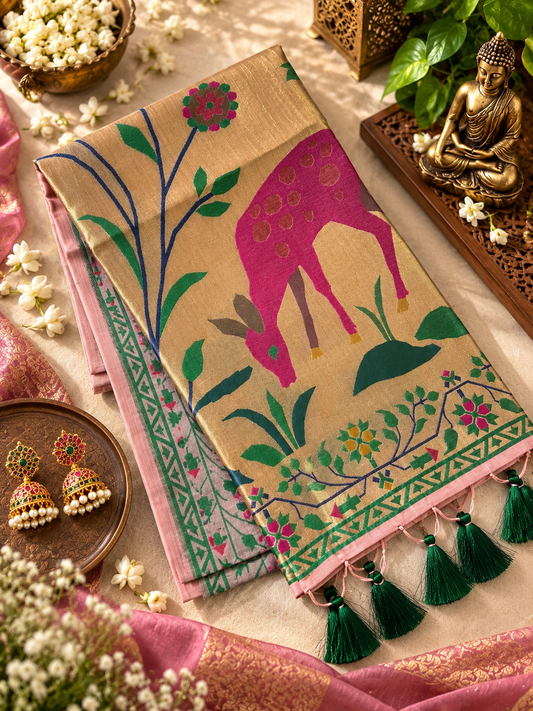 Festive Muga Cotton Paithani Saree with Woven Deer Motif