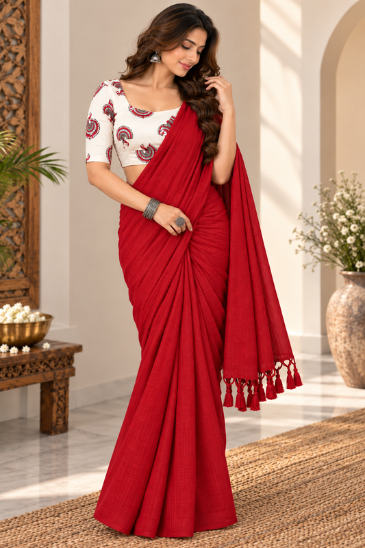 Artisanal Red Handloom Saree with Stiched Blouse