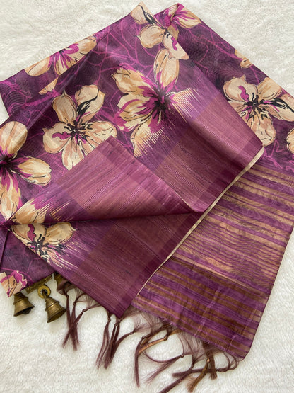 Royal Purple Floral Prints Soft Tussar Silk Saree with Tassel Pallu