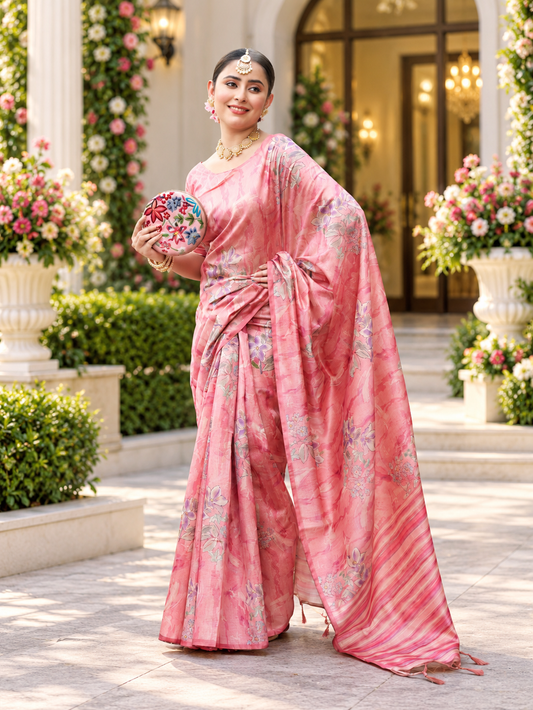 Marvelous Candy Pink Soft Tussar Silk Saree with Elegant Floral Print Work