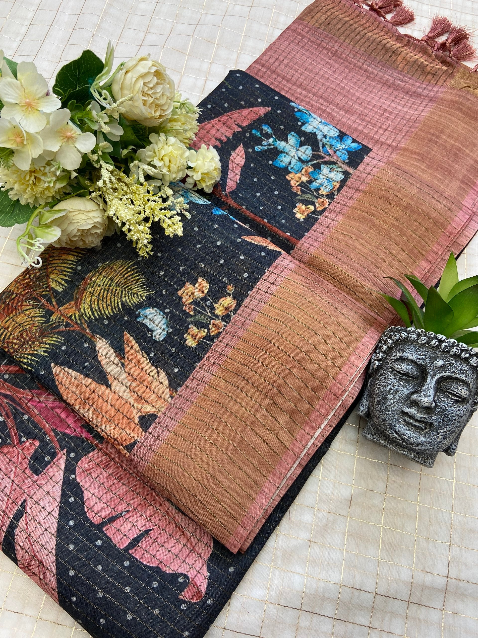 Ziyana Midnight Black Floral Tussar Silk Saree