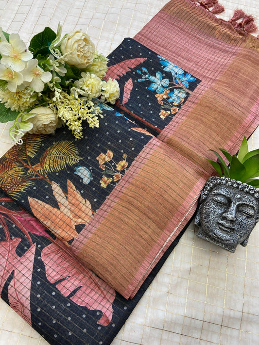 Ziyana Midnight Black Floral Tussar Silk Saree