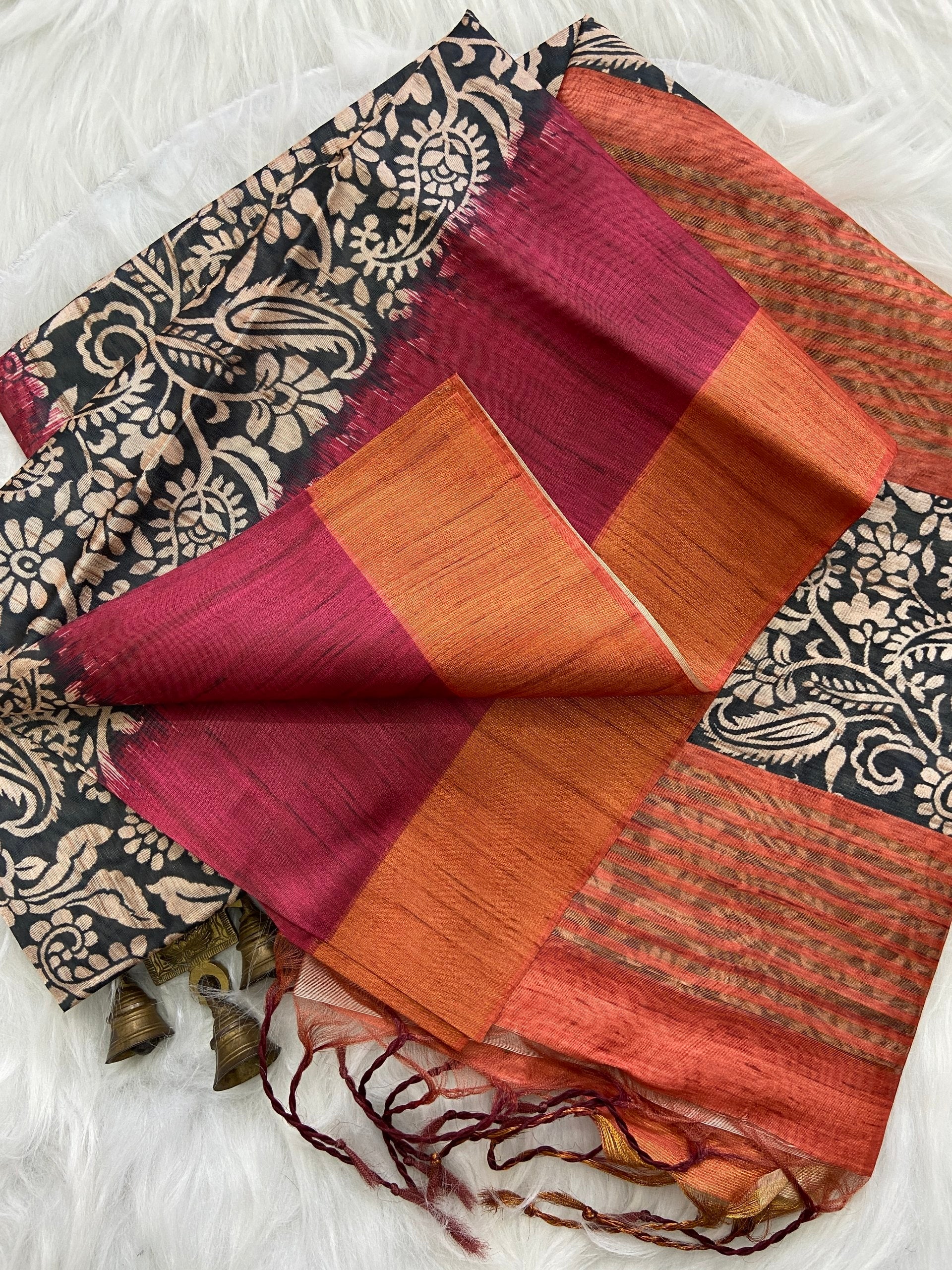 Ragini Wine Soft Tussar Silk Saree with Kalamkari Block Prints