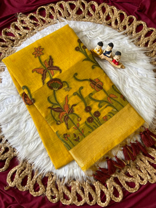 Saanvika - Mustard Yellow Resham Woven Soft Muga Cotton Saree