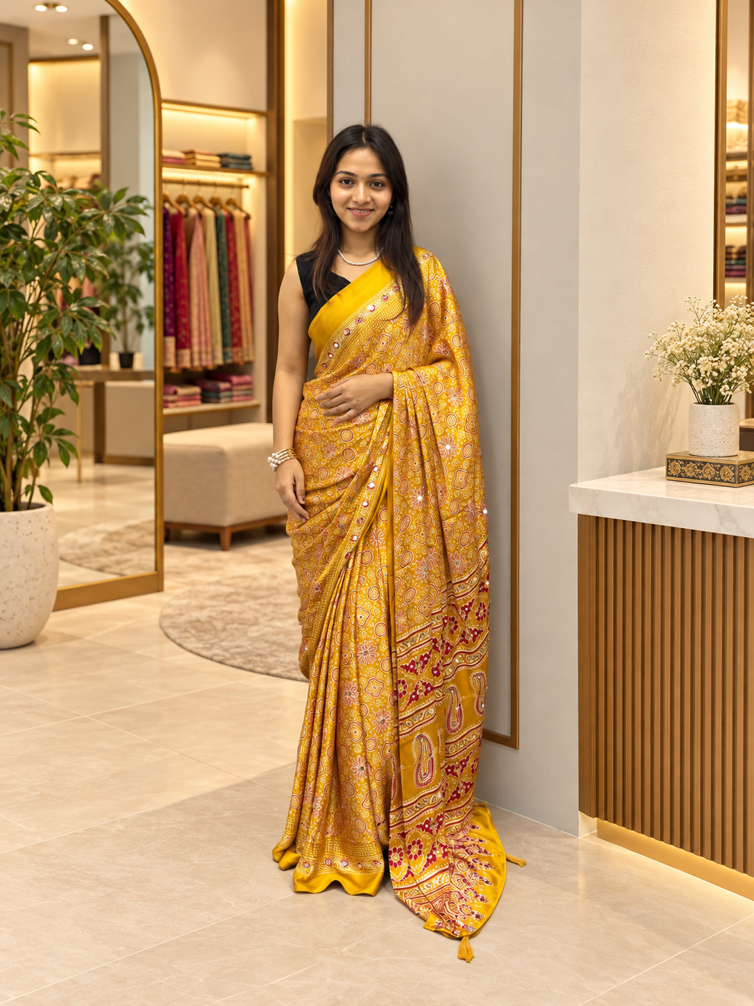 Sunehri Mustard Ajrakh Printed Japan Silk Saree with Elegant Pallu