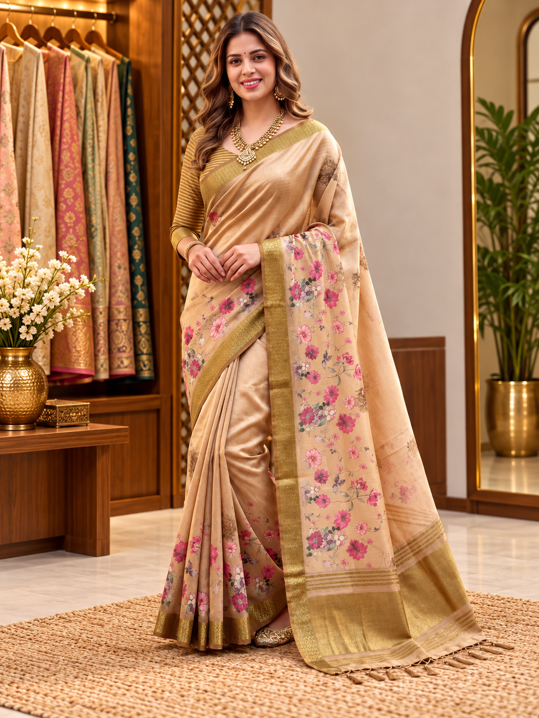 Aurelle Beige Floral Print Soft Tissue Silk Saree with Dull Gold Zari Border