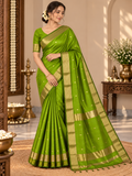 Catchy Parrot Green Handloom Maheshwari Cotton Silk Saree