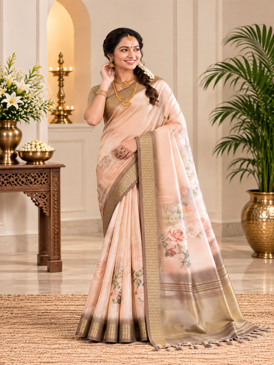 Festive Cream Beige Soft Tissue Silk Saree with Floral Digital Prints