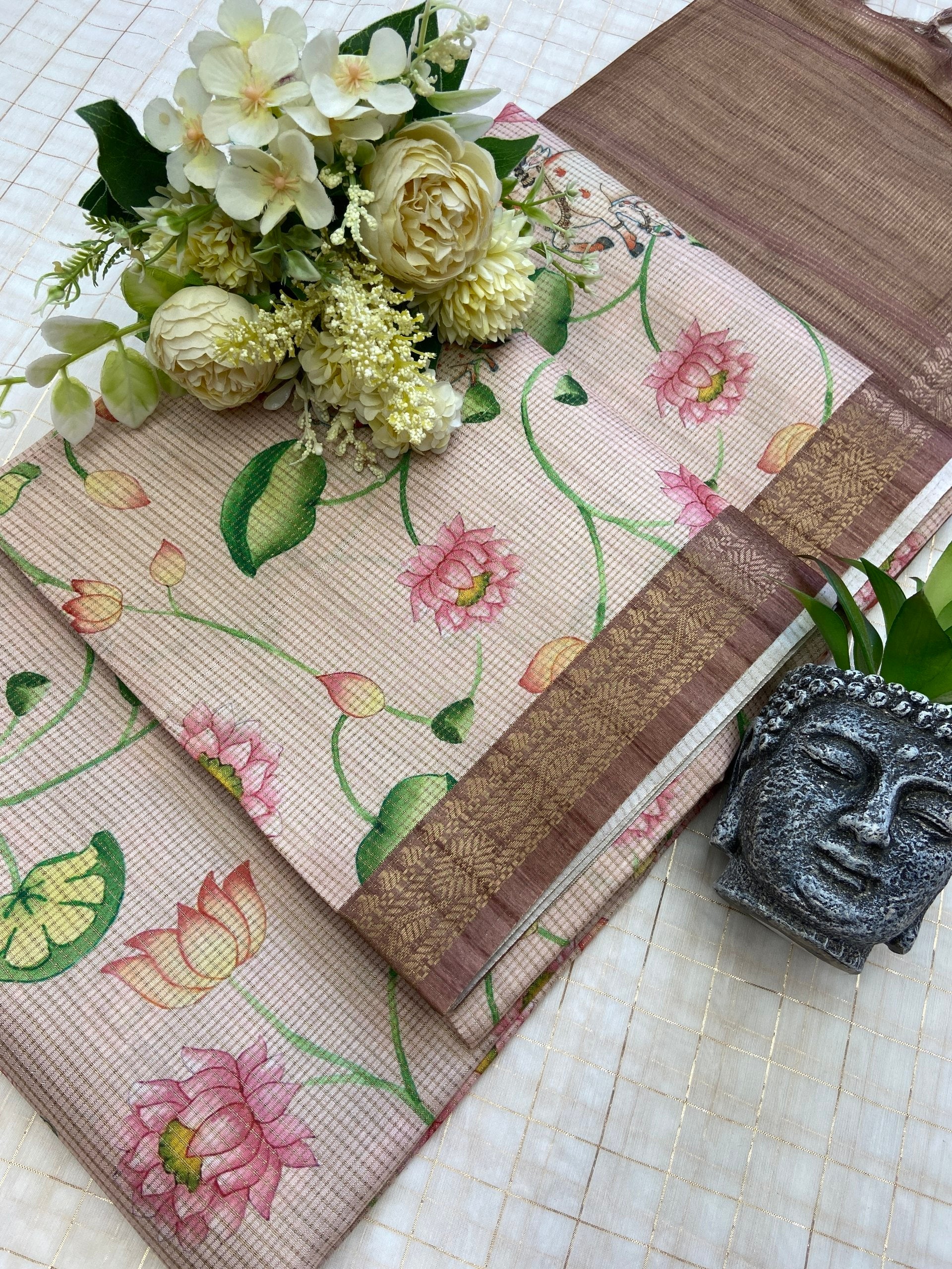Mahika - Chikoo Brown Pichwai Print Soft Tussar Silk Saree
