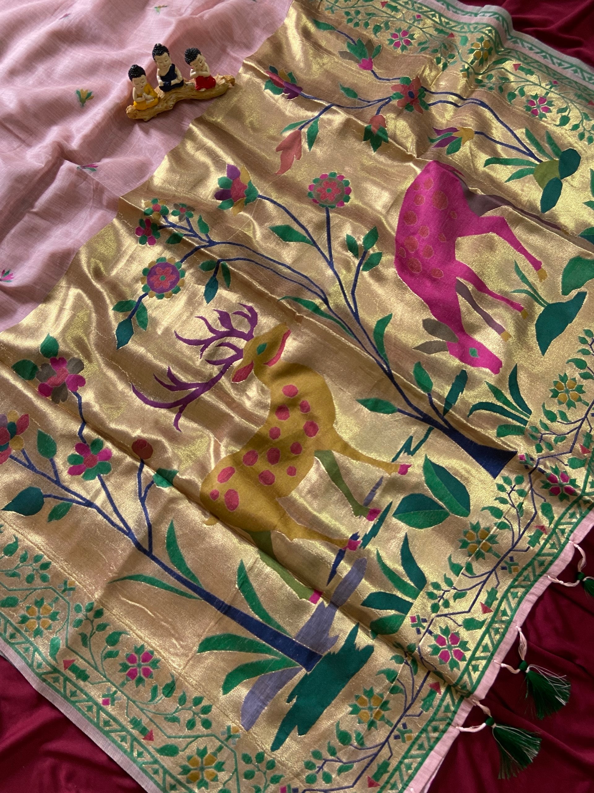 Festive Muga Cotton Paithani Saree with Woven Deer Motif