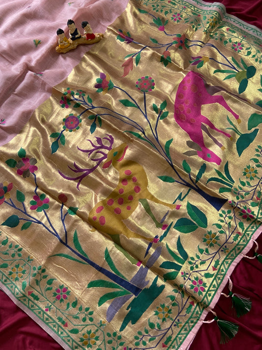 Festive Muga Cotton Paithani Saree with Woven Deer Motif