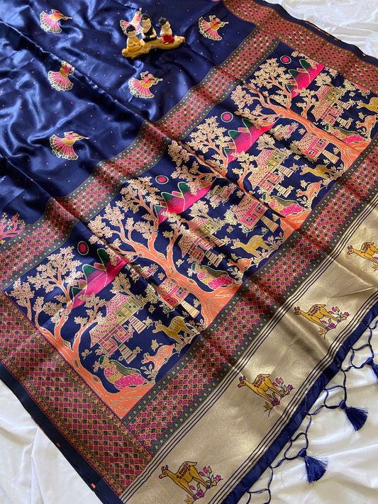 Vrindavan Royal Navy - Premium Woven Zari Soft Pashmina Silk Saree