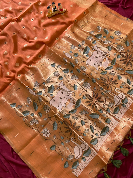 Anvika Rust Orange 3D Woven Soft Muga Cotton Paithani Saree