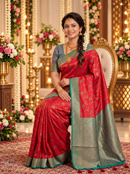 Aarohi Royal Red Paithani Silk Saree with Emerald Teal Golden Zari Woven