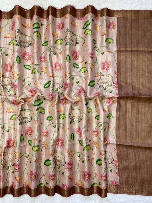 Mahika - Chikoo Brown Pichwai Print Soft Tussar Silk Saree