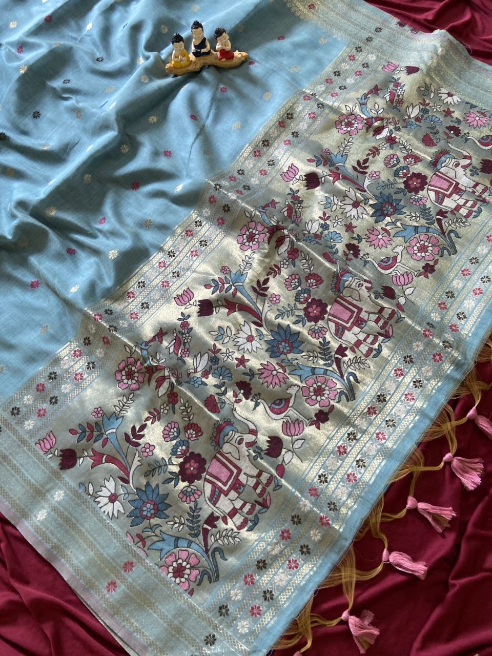Elegant Sky Blue Soft Muga Cotton Paithani Saree with 3D Woven Elephant Pallu
