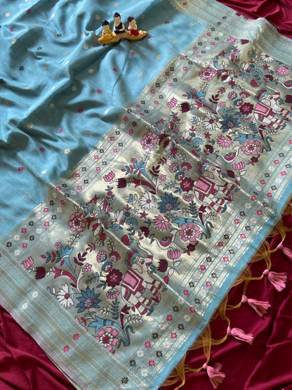 Elegant Sky Blue Soft Muga Cotton Paithani Saree with 3D Woven Elephant Pallu