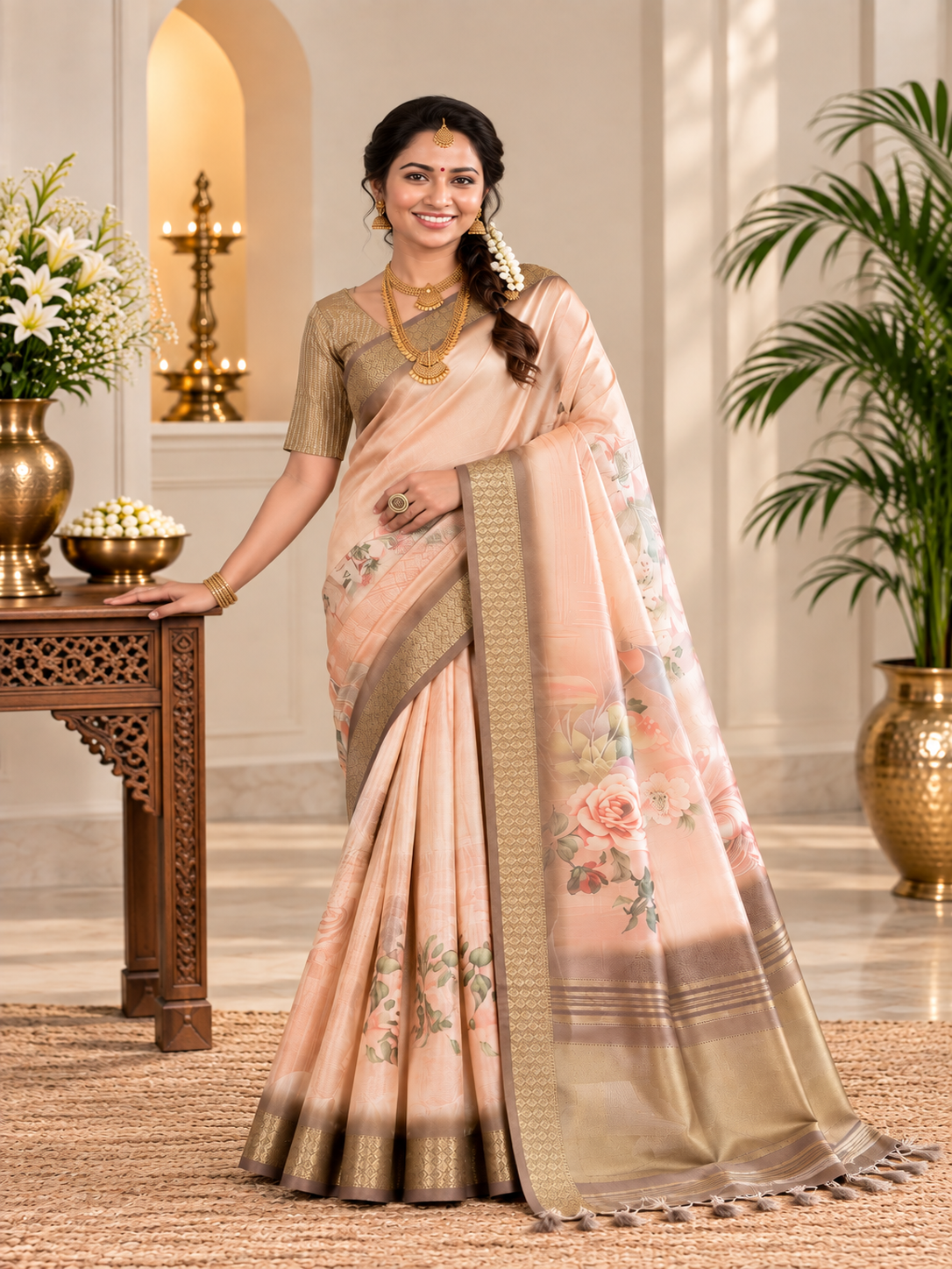 Festive Cream Beige Soft Tissue Silk Saree with Floral Digital Prints
