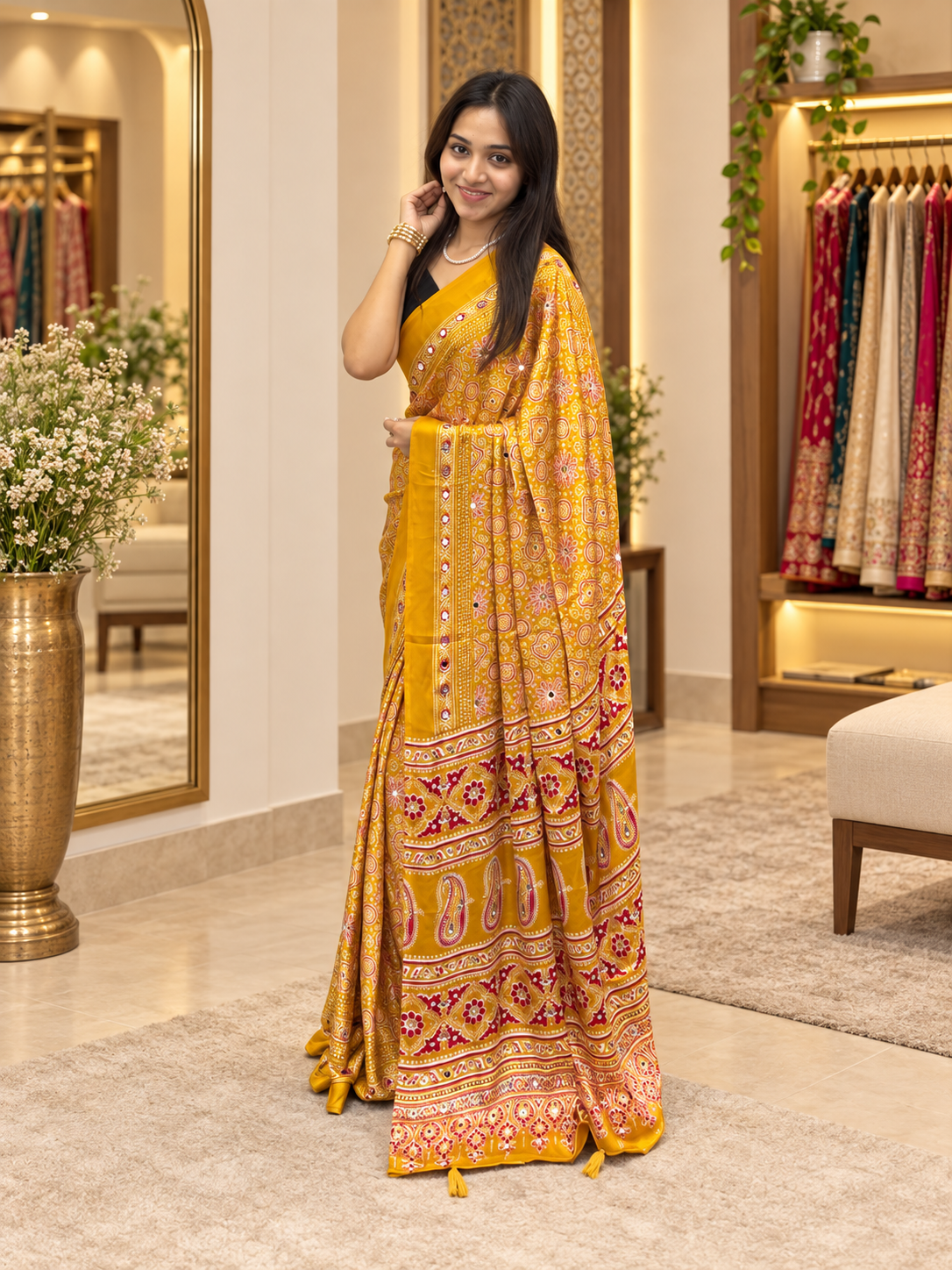 Sunehri Mustard Ajrakh Printed Japan Silk Saree with Elegant Pallu