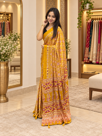 Sunehri Mustard Ajrakh Printed Japan Silk Saree with Elegant Pallu