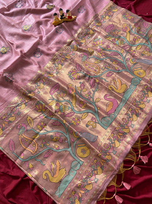 Aavya - Dusty Rose Pink Soft Muga Cotton Paithani Saree