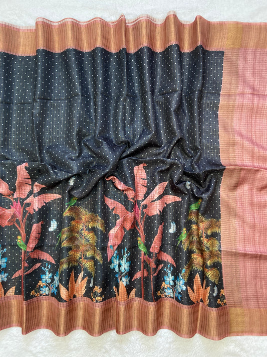 Ziyana Midnight Black Floral Tussar Silk Saree