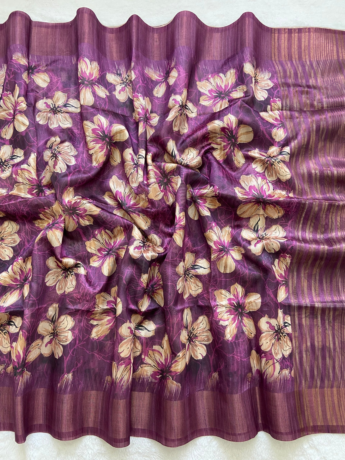 Royal Purple Floral Prints Soft Tussar Silk Saree with Tassel Pallu