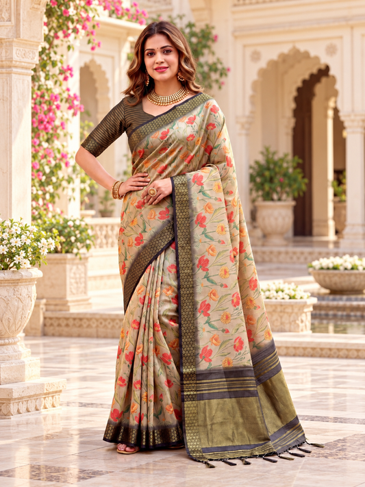 Beautiful Beige Floral Printed Soft Tissue Silk Saree With Elegant Traditional Pallu