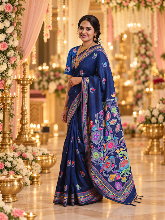 Royal Blue Handloom Soft Tussar Silk Saree with Elegant Pallu