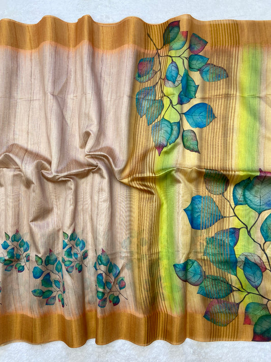 Attractive Mustard Gold Floral Soft Tussar Silk Saree