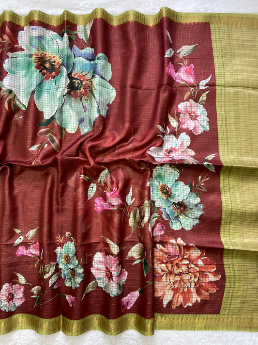 Charvi Maroon-Olive Floral Print Soft Tussar Silk Saree