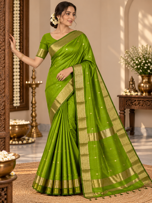 Catchy Parrot Green Handloom Maheshwari Cotton Silk Saree
