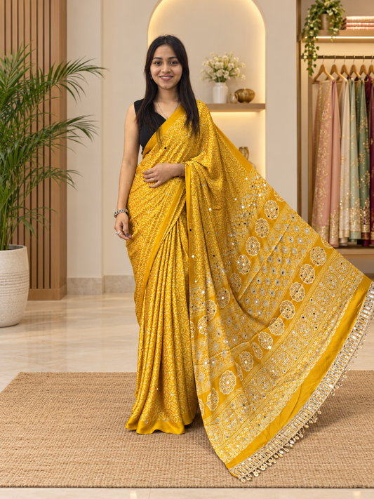Festive Mustard Premium Gajji Silk Saree - Traditional Print with Real Mirror Work