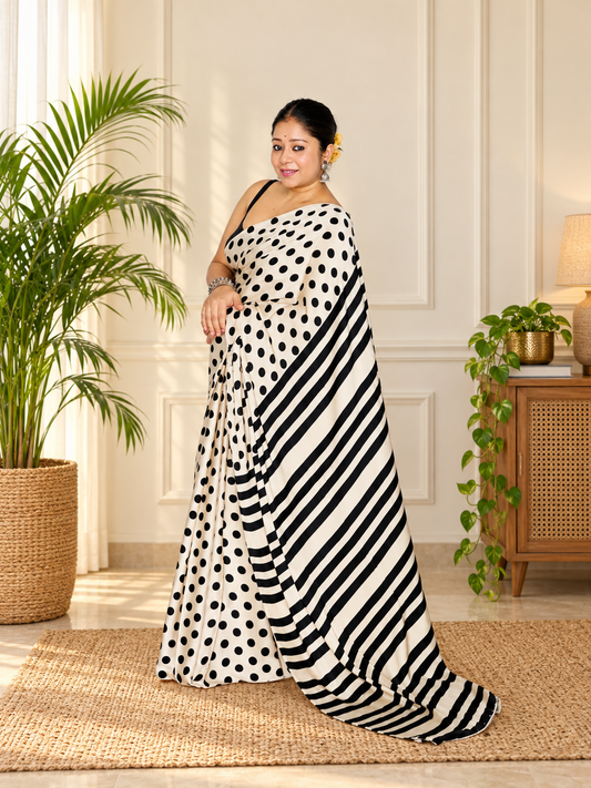 Divine Cream and Black Handcrafted Modal Silk Saree