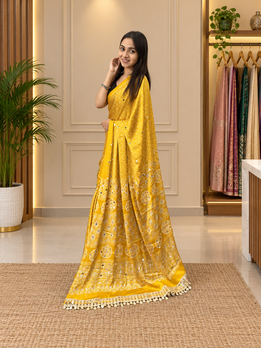 Festive Mustard Premium Gajji Silk Saree - Traditional Print with Real Mirror Work