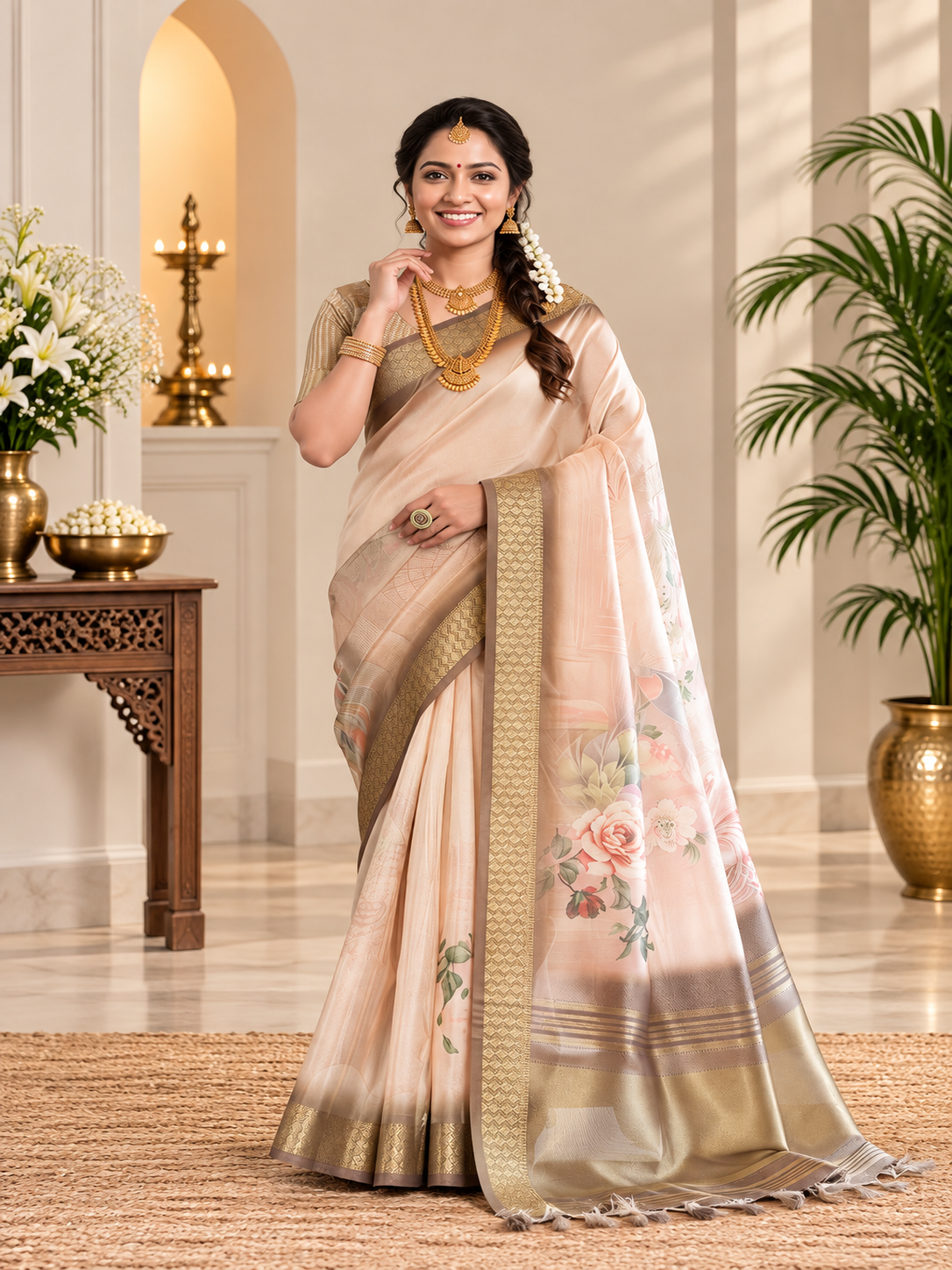 Festive Cream Beige Soft Tissue Silk Saree with Floral Digital Prints
