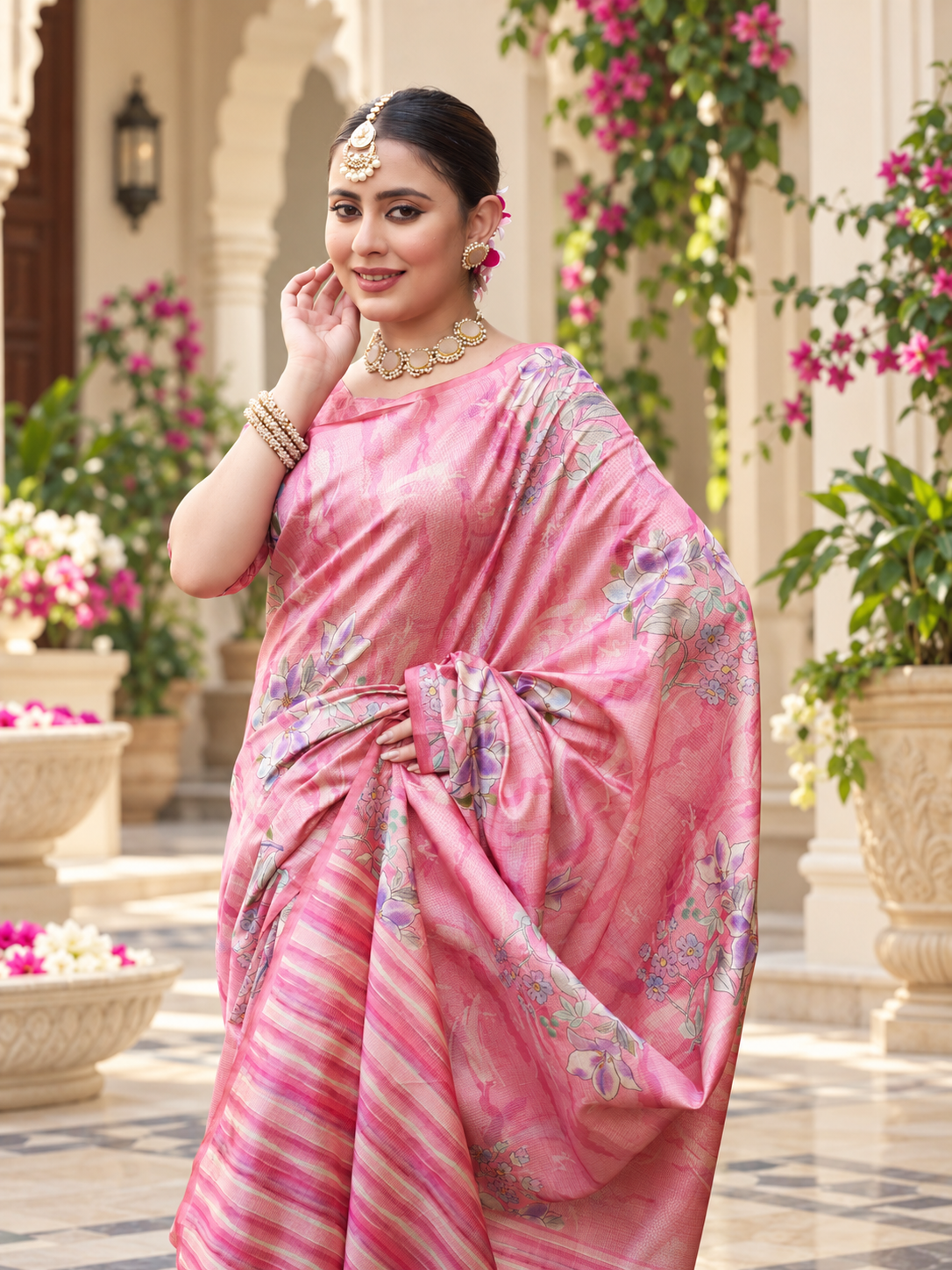 Marvelous Candy Pink Soft Tussar Silk Saree with Elegant Floral Print Work