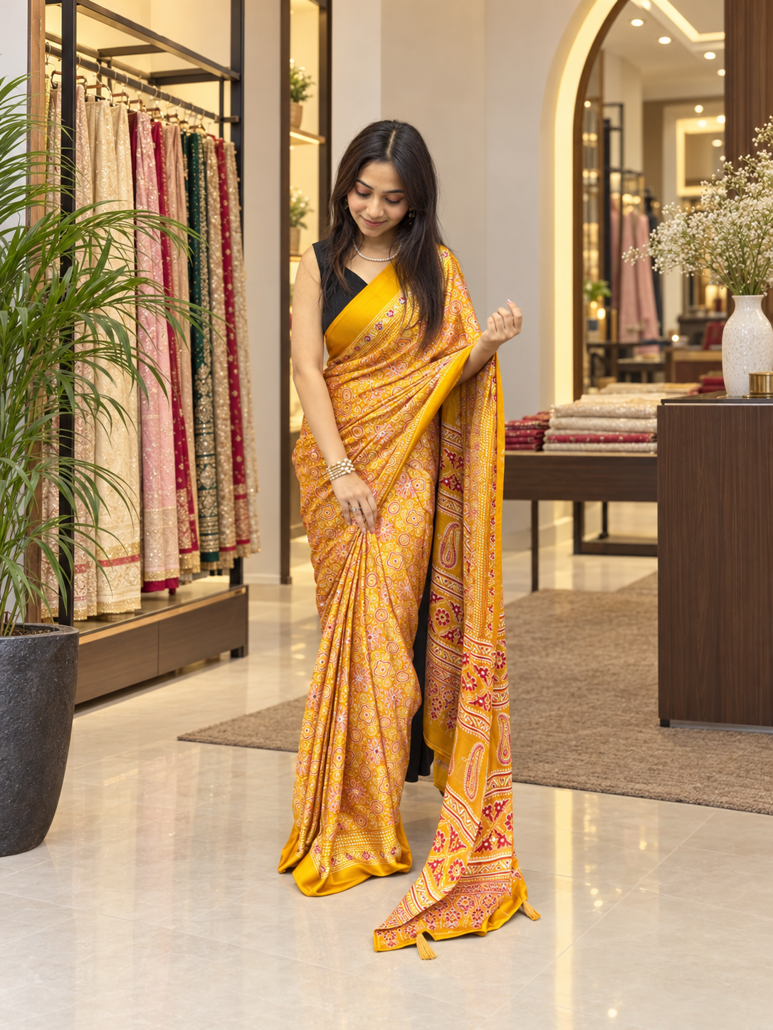 Sunehri Mustard Ajrakh Printed Japan Silk Saree with Elegant Pallu