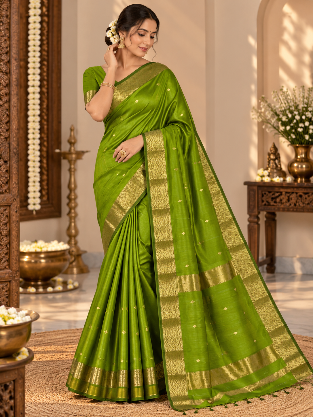 Catchy Parrot Green Handloom Maheshwari Cotton Silk Saree