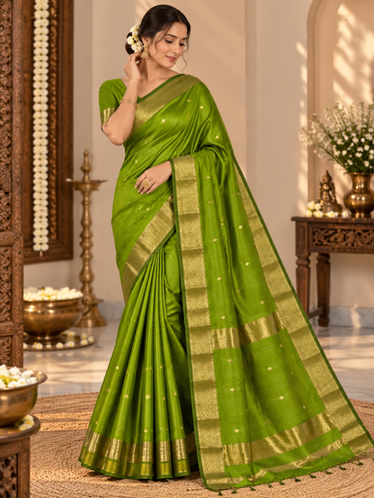 Catchy Parrot Green Handloom Maheshwari Cotton Silk Saree