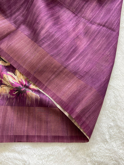 Royal Purple Floral Prints Soft Tussar Silk Saree with Tassel Pallu