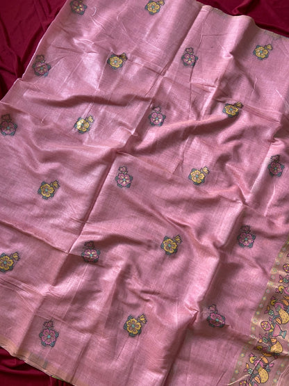 Aavya - Dusty Rose Pink Soft Muga Cotton Paithani Saree
