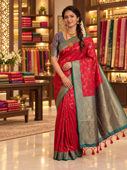 Aarohi Royal Red Paithani Silk Saree with Emerald Teal Golden Zari Woven