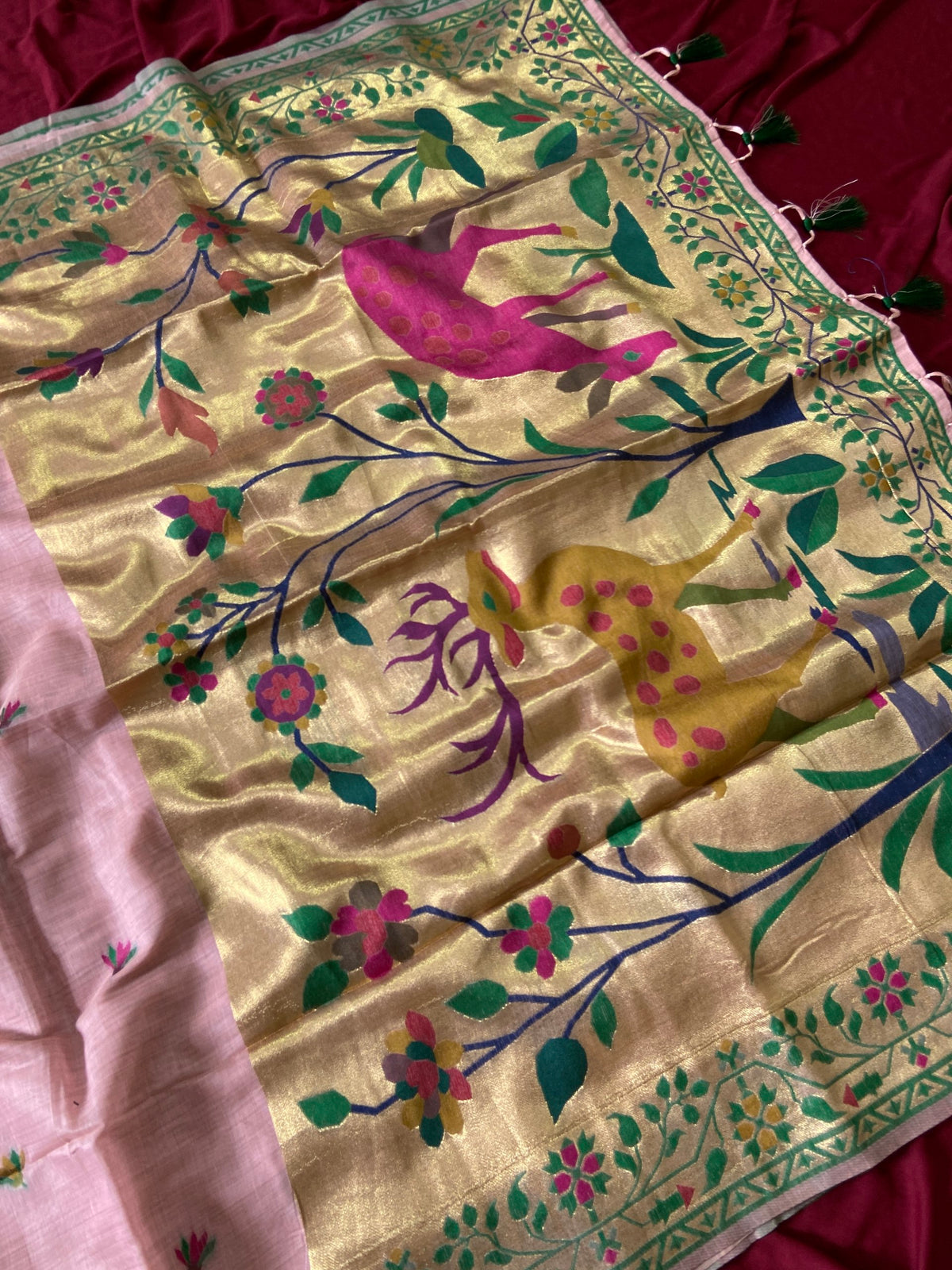Festive Muga Cotton Paithani Saree with Woven Deer Motif