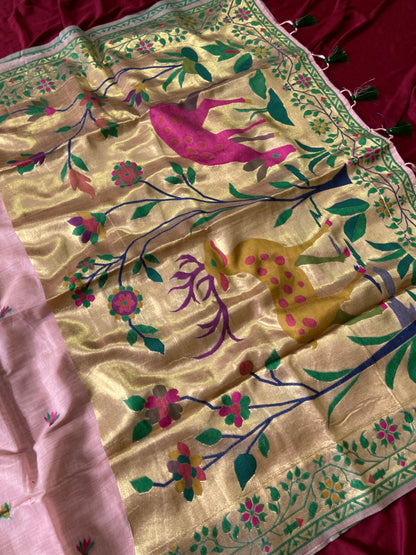 Festive Muga Cotton Paithani Saree with Woven Deer Motif