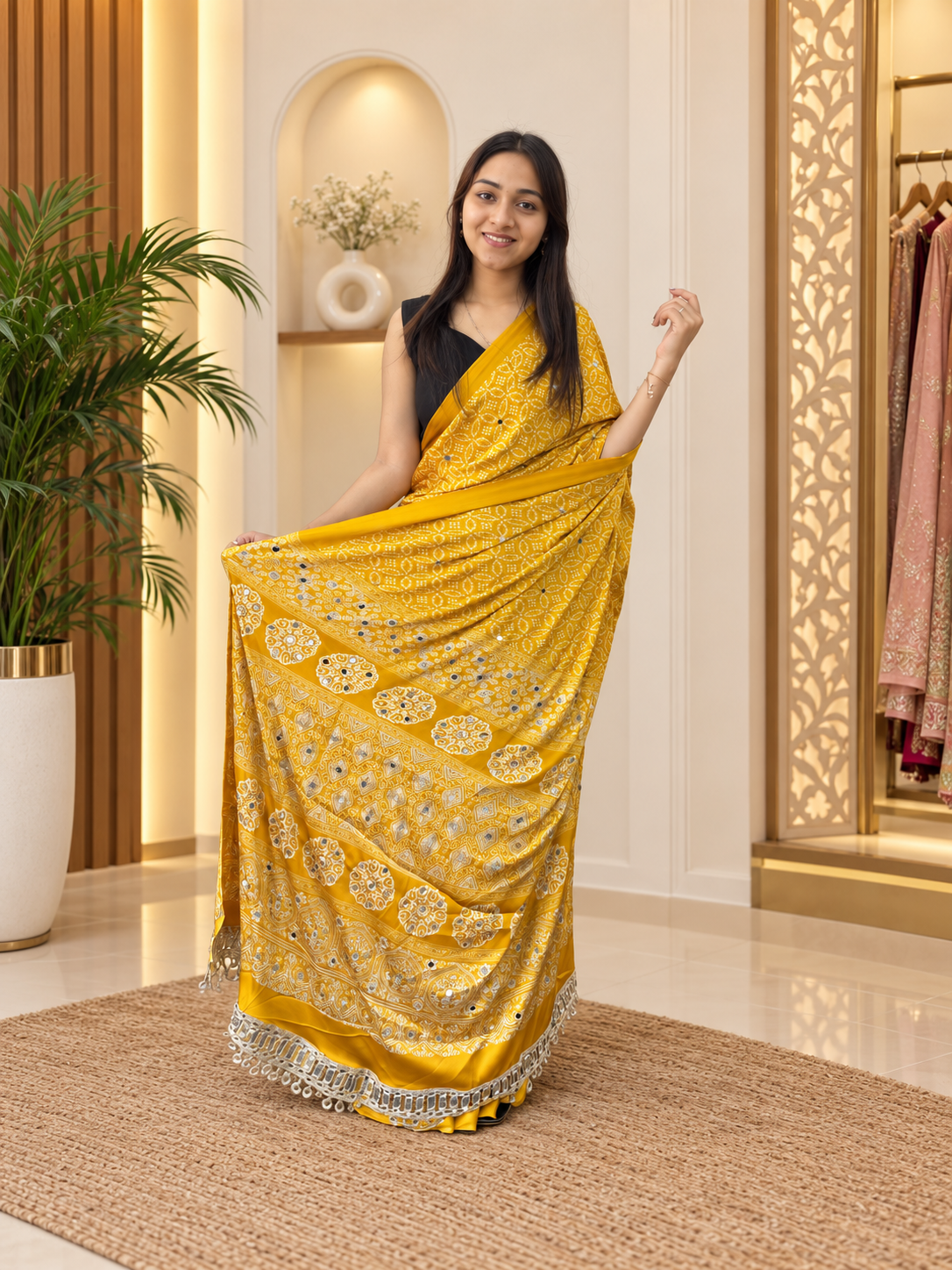 Festive Mustard Premium Gajji Silk Saree - Traditional Print with Real Mirror Work