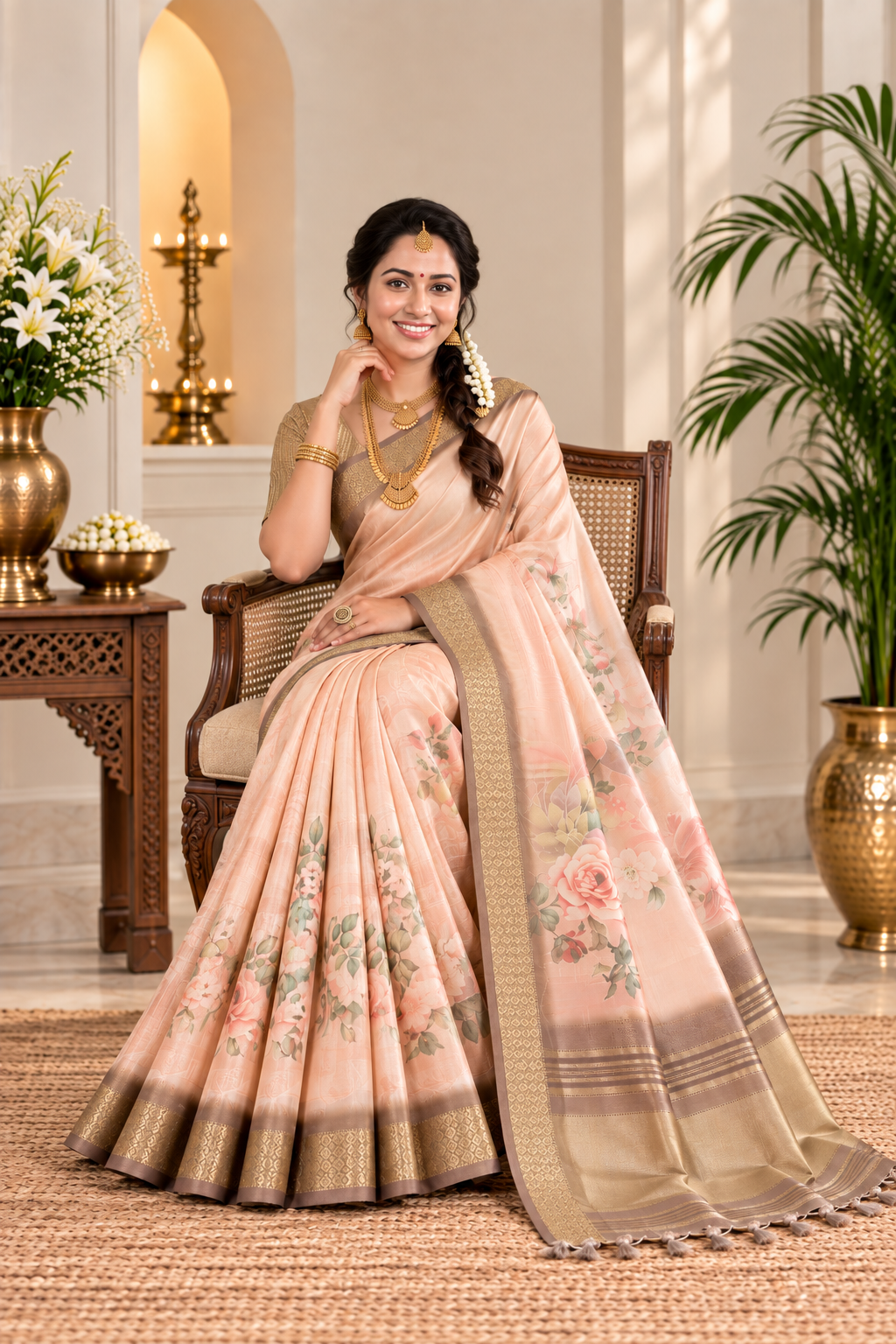 Festive Cream Beige Soft Tissue Silk Saree with Floral Digital Prints