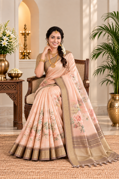 Festive Cream Beige Soft Tissue Silk Saree with Floral Digital Prints